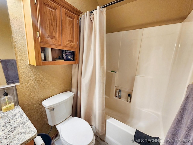 35824 S Talon Dr, Cookson, OK 74427 - bathroom featuring a textured wall, toilet, and shower / bath combination with curtain