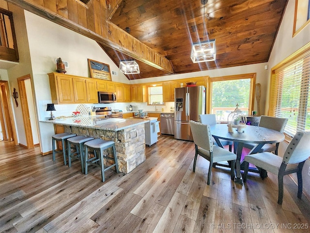 35824 S Talon Dr, Cookson, OK 74427 - kitchen featuring appliances with stainless steel finishes, wooden ceiling, light wood finished floors, a peninsula, and high vaulted ceiling