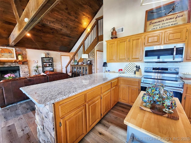 35824 S Talon Dr, Cookson, OK 74427 - kitchen featuring stainless steel appliances, wood ceiling, light wood-type flooring, backsplash, and a peninsula