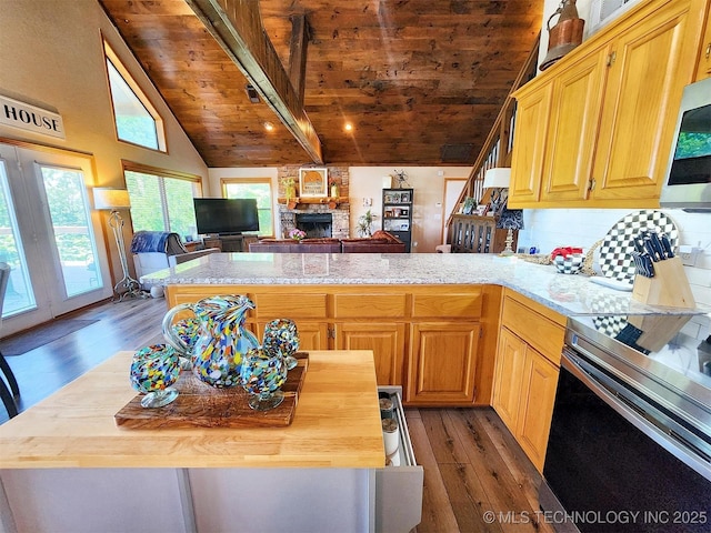 35824 S Talon Dr, Cookson, OK 74427 - kitchen with wood ceiling, appliances with stainless steel finishes, light wood-style flooring, a peninsula, and a fireplace
