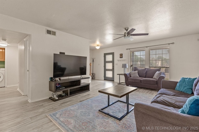 619 S Magnolia Pl, Broken Arrow, OK 74012 - living area with washer / dryer, a ceiling fan, light wood-style flooring, baseboards, and a textured ceiling