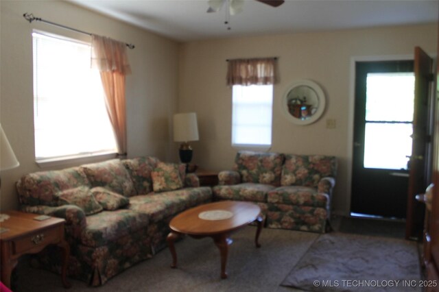420902 E 1164th Rd, Eufaula, OK 74432 - living room featuring ceiling fan and carpet floors