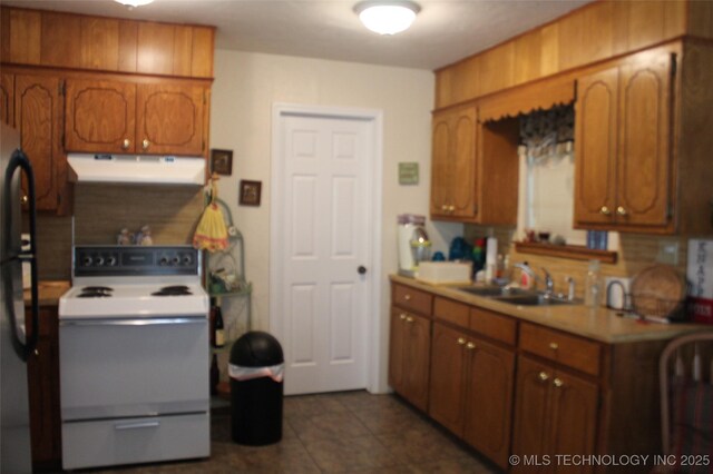420902 E 1164th Rd, Eufaula, OK 74432 - kitchen with white electric range, under cabinet range hood, a sink, brown cabinets, and light countertops
