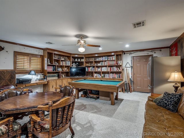 6551 S 41st St E, Muskogee, OK 74403 - recreation room with crown molding, light carpet, a ceiling fan, billiards, and recessed lighting