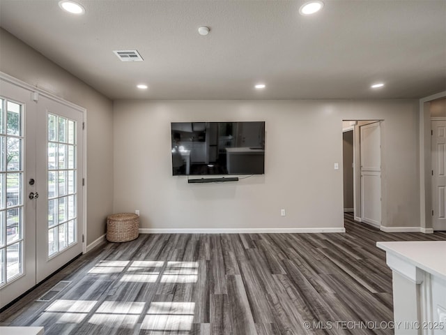 1149 N Hickory Pl, Broken Arrow, OK 74012 - unfurnished living room with dark wood-type flooring, recessed lighting, baseboards, and french doors