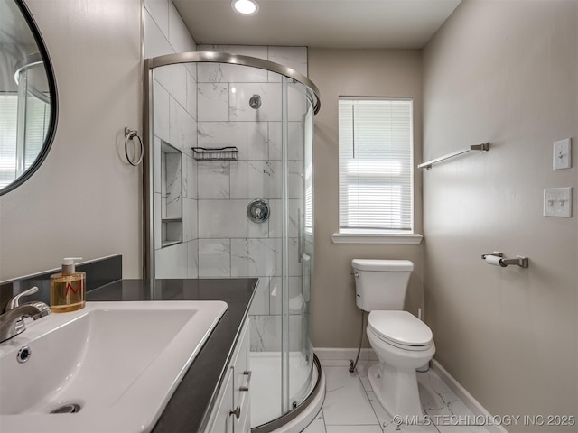 1149 N Hickory Pl, Broken Arrow, OK 74012 - bathroom featuring toilet, a stall shower, baseboards, vanity, and marble look tile flooring