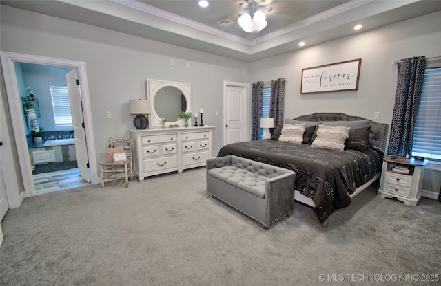 110 W Zachry Ln, Stigler, OK 74462 - carpeted bedroom with crown molding, recessed lighting, ensuite bath, and a ceiling fan
