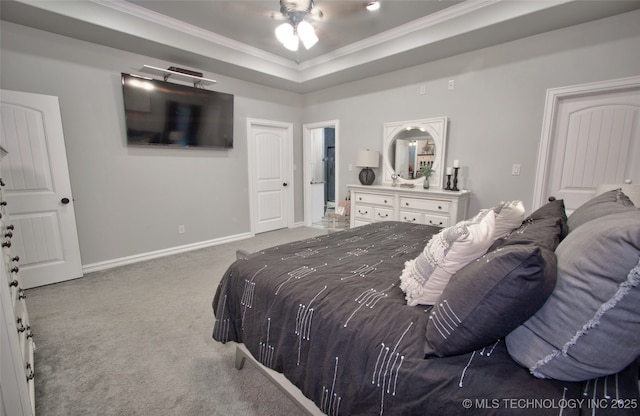 110 W Zachry Ln, Stigler, OK 74462 - bedroom featuring carpet, crown molding, baseboards, a raised ceiling, and ceiling fan