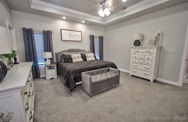 110 W Zachry Ln, Stigler, OK 74462 - carpeted bedroom featuring ornamental molding, a tray ceiling, baseboards, and recessed lighting