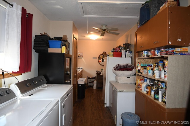 7457 S 105th St E, Braggs, OK 74423 - laundry area with washer and clothes dryer, attic access, dark wood finished floors, and a ceiling fan