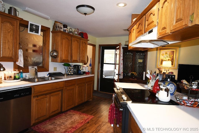 7457 S 105th St E, Braggs, OK 74423 - kitchen with stainless steel dishwasher, under cabinet range hood, light countertops, a sink, and dark wood-type flooring