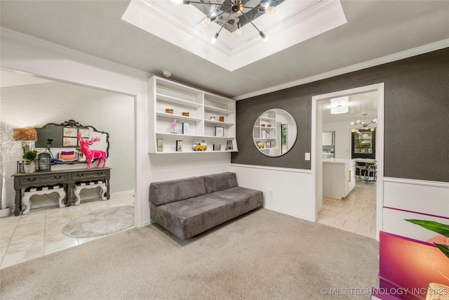 6315 E 98th Pl, Tulsa, OK 74137 - sitting room featuring a chandelier, ornamental molding, a raised ceiling, and carpet flooring