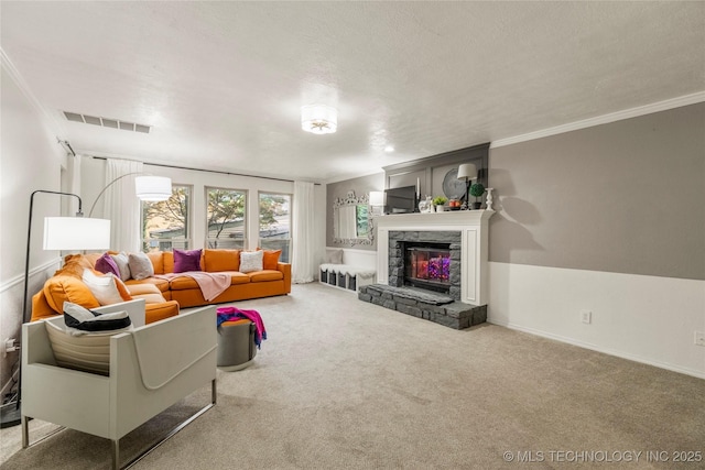 6315 E 98th Pl, Tulsa, OK 74137 - living area with crown molding, a fireplace, carpet, and baseboards
