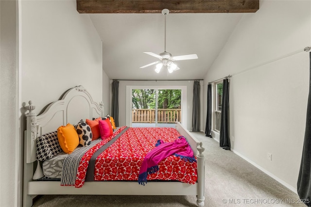 6315 E 98th Pl, Tulsa, OK 74137 - bedroom with lofted ceiling, carpet flooring, access to exterior, baseboards, and a ceiling fan