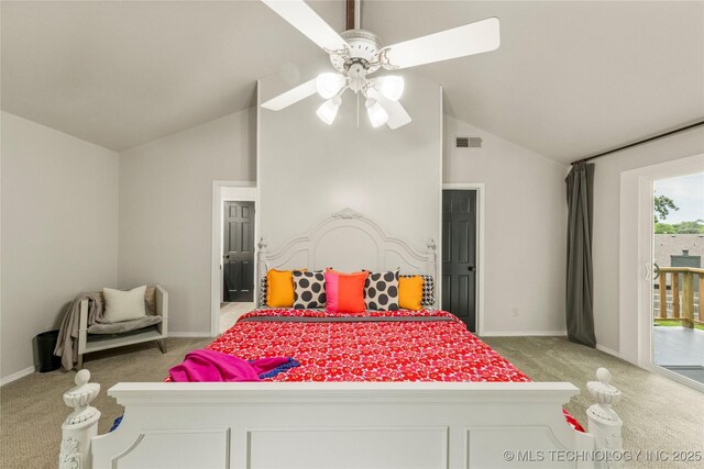 6315 E 98th Pl, Tulsa, OK 74137 - bedroom with carpet, lofted ceiling, access to outside, baseboards, and ceiling fan