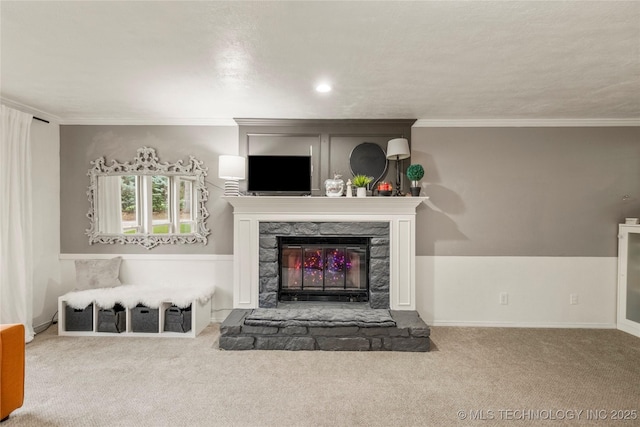 6315 E 98th Pl, Tulsa, OK 74137 - carpeted living room featuring a fireplace, ornamental molding, and baseboards