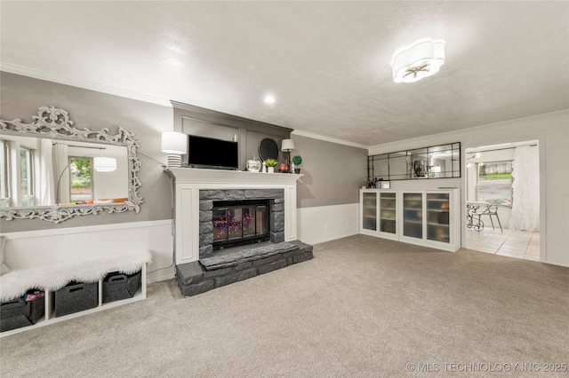 6315 E 98th Pl, Tulsa, OK 74137 - living room with ornamental molding, carpet flooring, and a fireplace