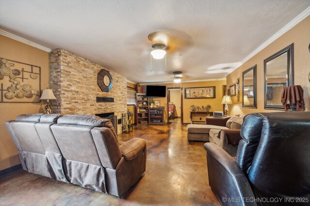 17711 E Archer St, Catoosa, OK 74015 - living area with concrete floors, a fireplace, crown molding, and ceiling fan