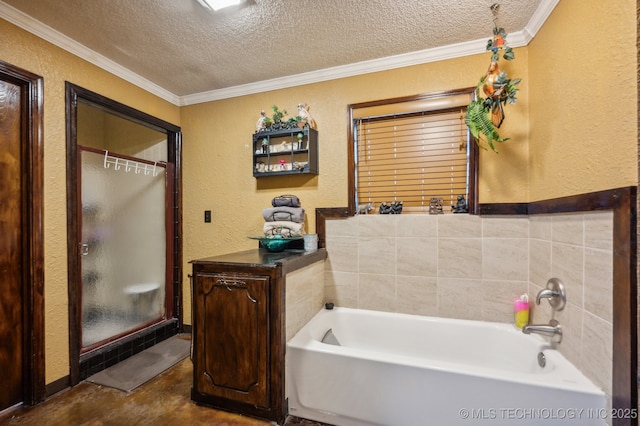 17711 E Archer St, Catoosa, OK 74015 - full bathroom featuring a textured wall, a textured ceiling, ornamental molding, and a bath