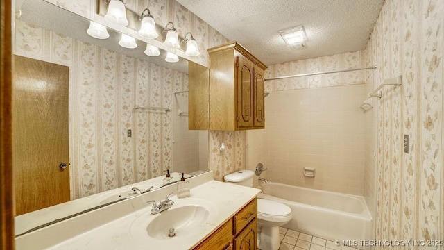 bathroom with tile patterned flooring, toilet, a textured ceiling, shower / bath combo, and vanity
