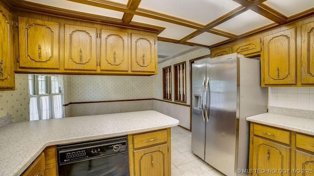 kitchen with stainless steel fridge with ice dispenser, dishwasher, wallpapered walls, brown cabinetry, and light countertops