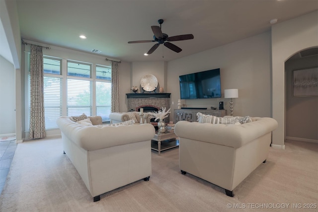 4314 S 132nd E Ave, Tulsa, OK 74134 - living area with a ceiling fan, a brick fireplace, light carpet, recessed lighting, and baseboards