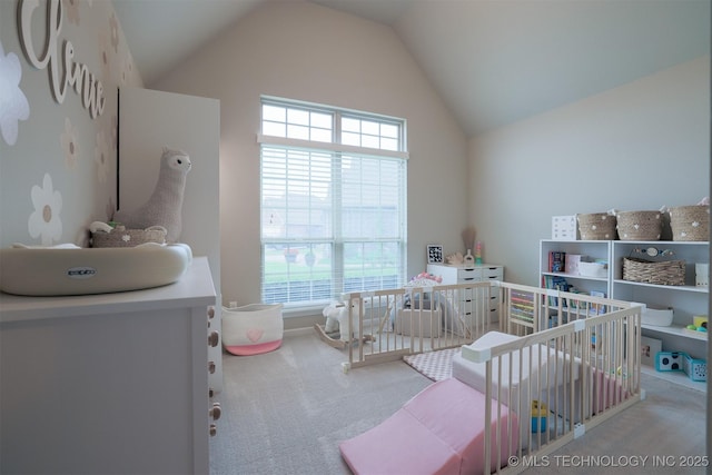 4314 S 132nd E Ave, Tulsa, OK 74134 - bedroom featuring a nursery area, carpet, and lofted ceiling