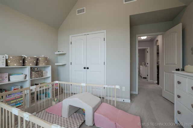4314 S 132nd E Ave, Tulsa, OK 74134 - bedroom featuring carpet flooring, baseboards, a closet, a nursery area, and high vaulted ceiling