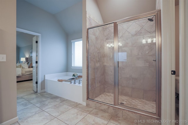 4314 S 132nd E Ave, Tulsa, OK 74134 - ensuite bathroom featuring a bath, a stall shower, lofted ceiling, and tile patterned floors