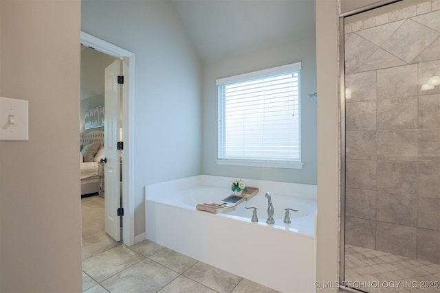 4314 S 132nd E Ave, Tulsa, OK 74134 - ensuite bathroom with a stall shower, a garden tub, tile patterned flooring, and lofted ceiling