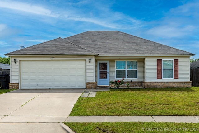 ranch-style house featuring brick siding, concrete driveway, a front yard, and a garage