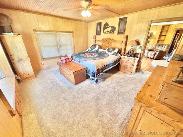 30190 W County Road 1240, Stigler, OK 74462 - bedroom with wood walls, wood ceiling, carpet flooring, and ceiling fan