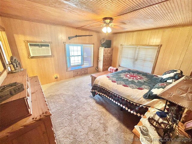 30190 W County Road 1240, Stigler, OK 74462 - bedroom featuring wooden walls, a wall unit AC, wooden ceiling, carpet flooring, and ceiling fan
