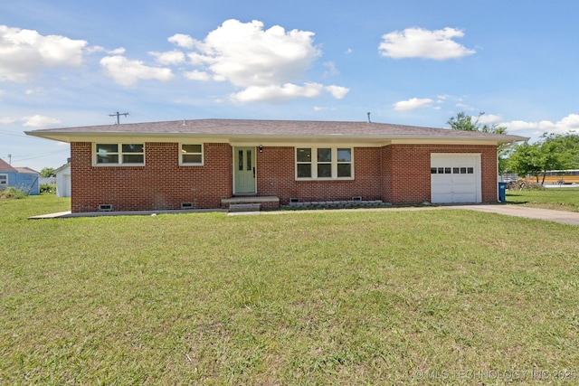425 Mulberry Ave, Afton, OK 74331 - ranch-style home with crawl space, a garage, concrete driveway, a front lawn, and brick siding