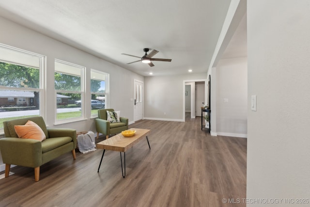 425 Mulberry Ave, Afton, OK 74331 - living area featuring wood finished floors, a ceiling fan, baseboards, and recessed lighting