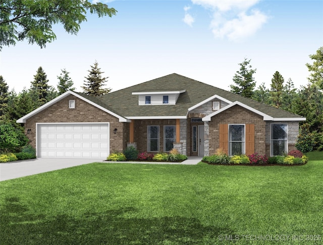 12910 S 20th Pl E, Jenks, OK 74037 - view of front of home featuring a front yard, an attached garage, driveway, a shingled roof, and stone siding