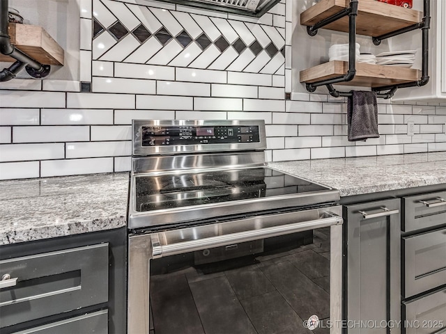 29550 S 4240th Rd, Inola, OK 74036 - kitchen with electric stove, backsplash, and gray cabinetry