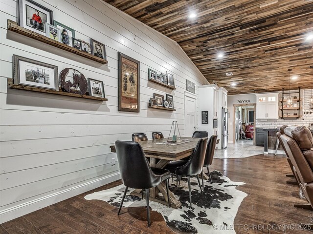 29550 S 4240th Rd, Inola, OK 74036 - dining space with wooden ceiling, lofted ceiling, wooden walls, dark wood-style floors, and recessed lighting