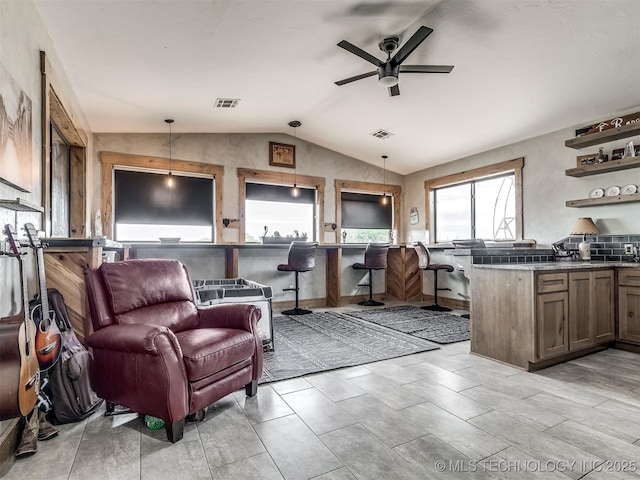29550 S 4240th Rd, Inola, OK 74036 - living room featuring ceiling fan and vaulted ceiling