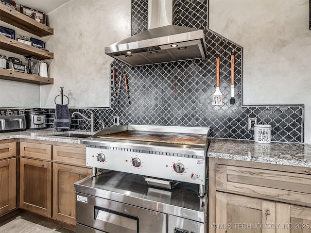 29550 S 4240th Rd, Inola, OK 74036 - kitchen featuring wall chimney exhaust hood, a sink, decorative backsplash, and open shelves