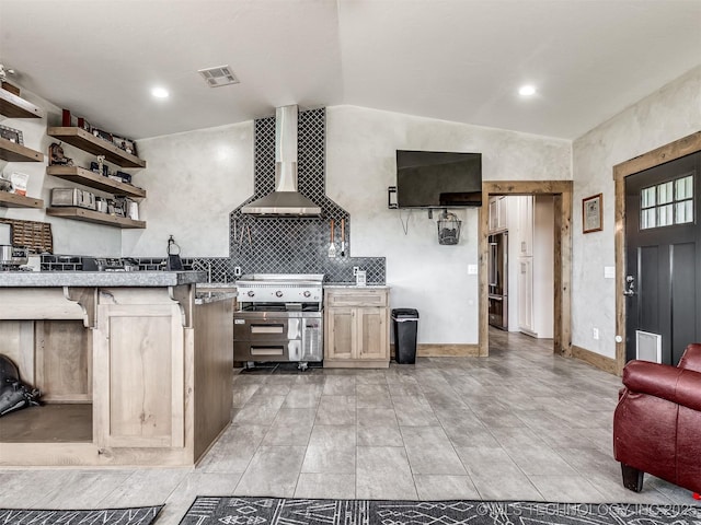 29550 S 4240th Rd, Inola, OK 74036 - kitchen with wall chimney range hood, stainless steel appliances, a breakfast bar, vaulted ceiling, and open shelves