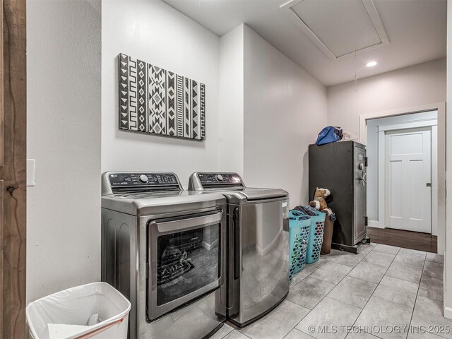 29550 S 4240th Rd, Inola, OK 74036 - laundry area with attic access, washer and dryer, light tile patterned floors, and recessed lighting