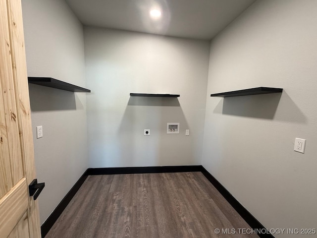 618 E Gentry Ave, Checotah, OK 74426 - washroom with hookup for an electric dryer, hookup for a washing machine, dark wood-type flooring, and baseboards