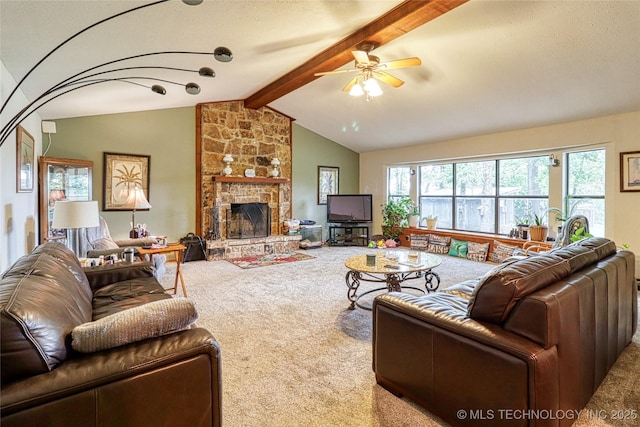 5831 Evans, Kingston, OK 73439 - living room featuring carpet flooring, ceiling fan, and a stone fireplace