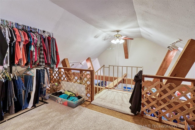 5831 Evans, Kingston, OK 73439 - additional living space with a textured ceiling, carpet, a ceiling fan, and lofted ceiling