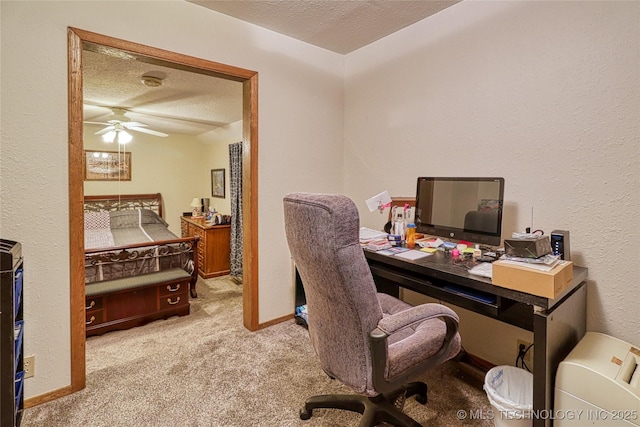 5831 Evans, Kingston, OK 73439 - office with a textured ceiling, carpet, a ceiling fan, a textured wall, and baseboards