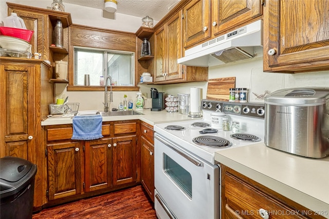 5831 Evans, Kingston, OK 73439 - kitchen featuring white electric range, under cabinet range hood, a sink, light countertops, and brown cabinetry