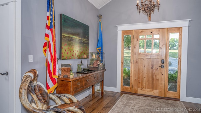 30230 S 562, Afton, OK 74331 - entrance foyer featuring a chandelier, wood finished floors, lofted ceiling, baseboards, and ornamental molding