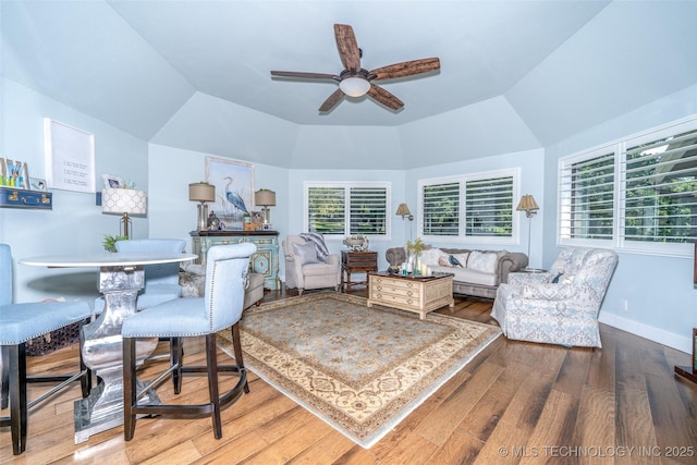 30230 S 562, Afton, OK 74331 - living area featuring wood finished floors, ceiling fan, vaulted ceiling, and baseboards