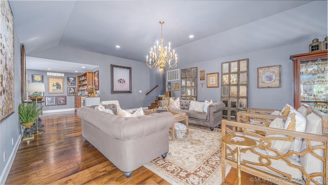 30230 S 562, Afton, OK 74331 - living area featuring lofted ceiling, wood finished floors, stairway, a chandelier, and baseboards